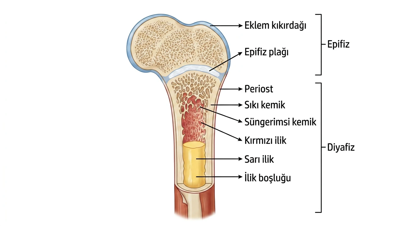 Uzun kemiğin epifiz, diyafiz, eklem kıkırdağı, periost, sıkı ve süngerimsi kemik ile ilik bölgeleri