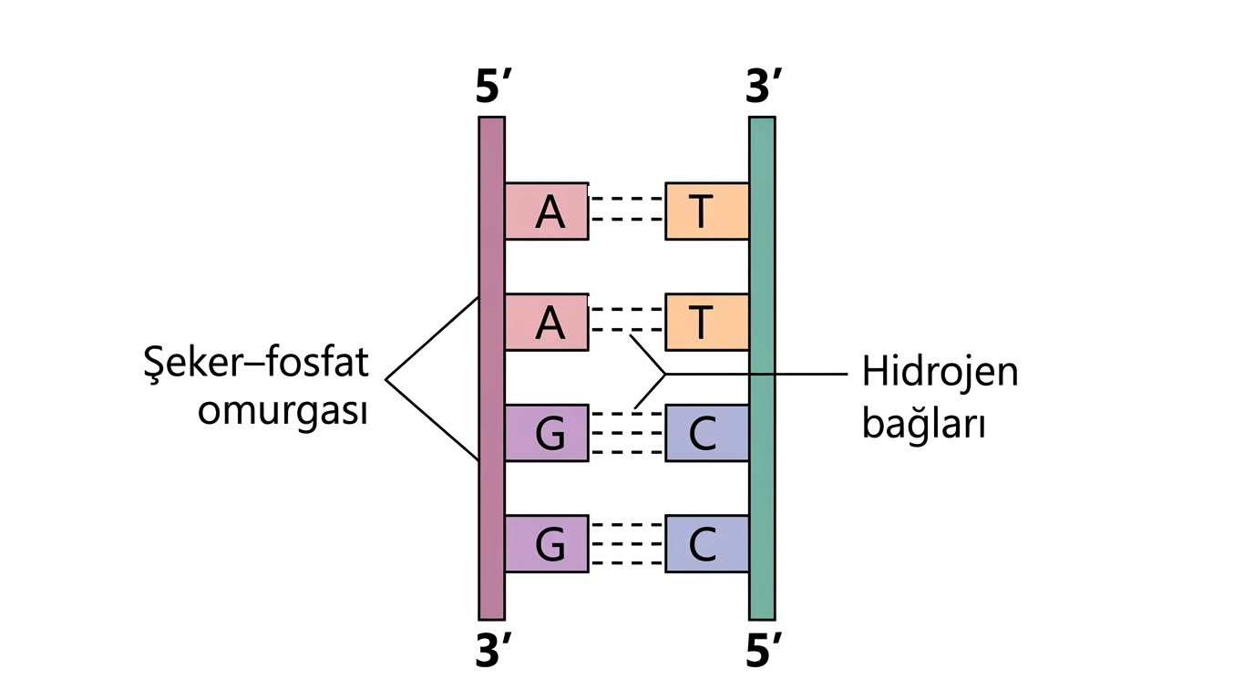 Antiparalel DNA zincirlerinde şeker fosfat omurgası ve tamamlayıcı baz çiftleri