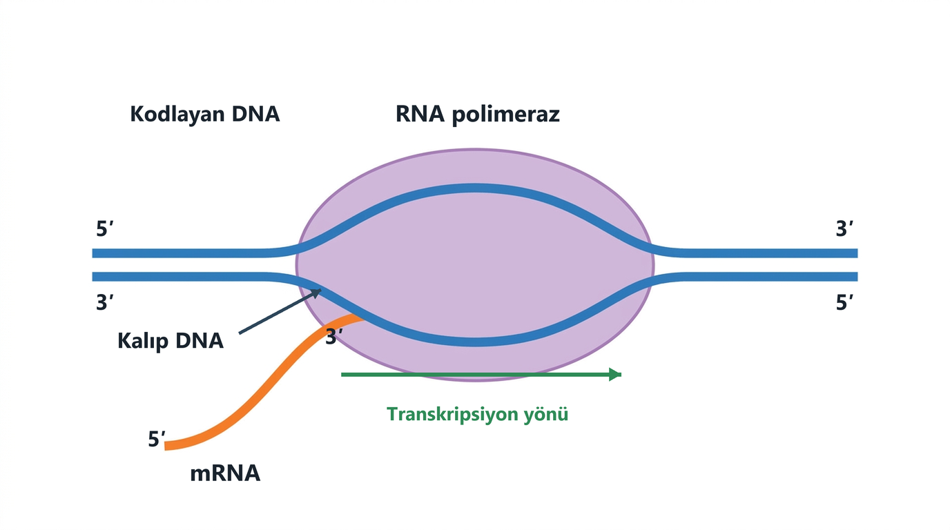 RNA polimerazın kalıp DNA'yı üç üssü beş üssü yönünde okuyup mRNA'yı beş üssü üç üssü yönünde sentezlemesi
