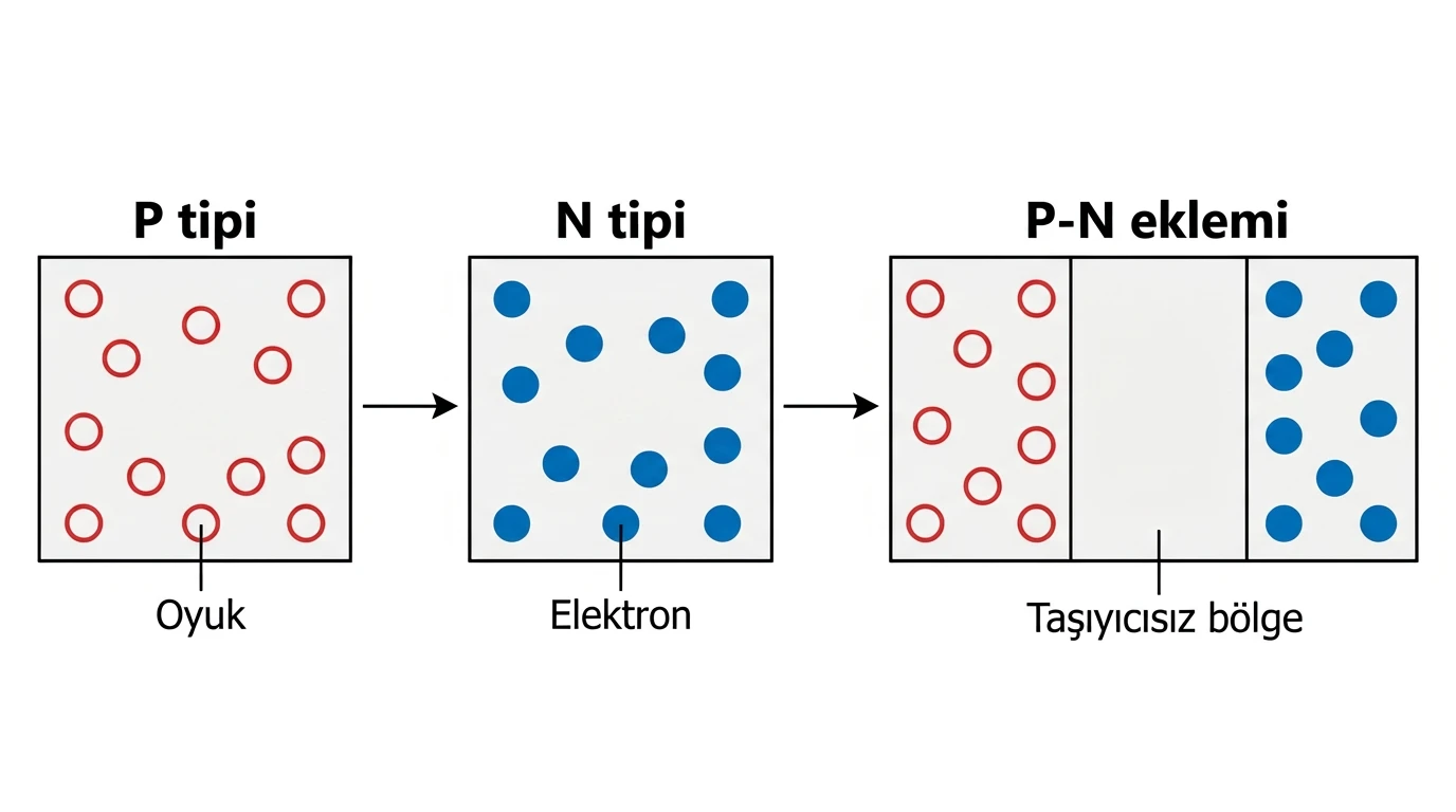 P tipi oyuklar, N tipi elektronlar ve PN ekleminde tükenim bölgesi