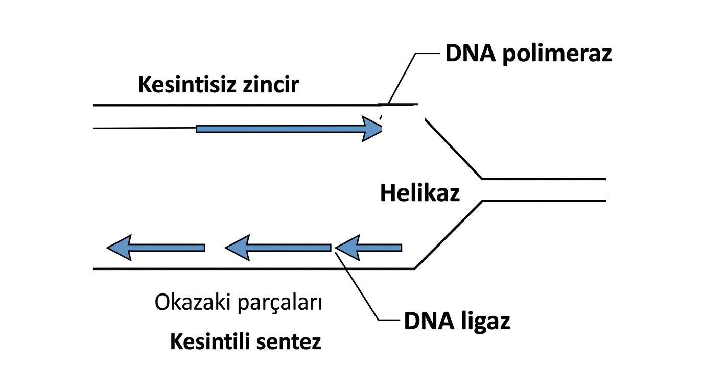 Helikaz DNA polimeraz ligaz ve Okazaki parçalarını gösteren replikasyon çatalı