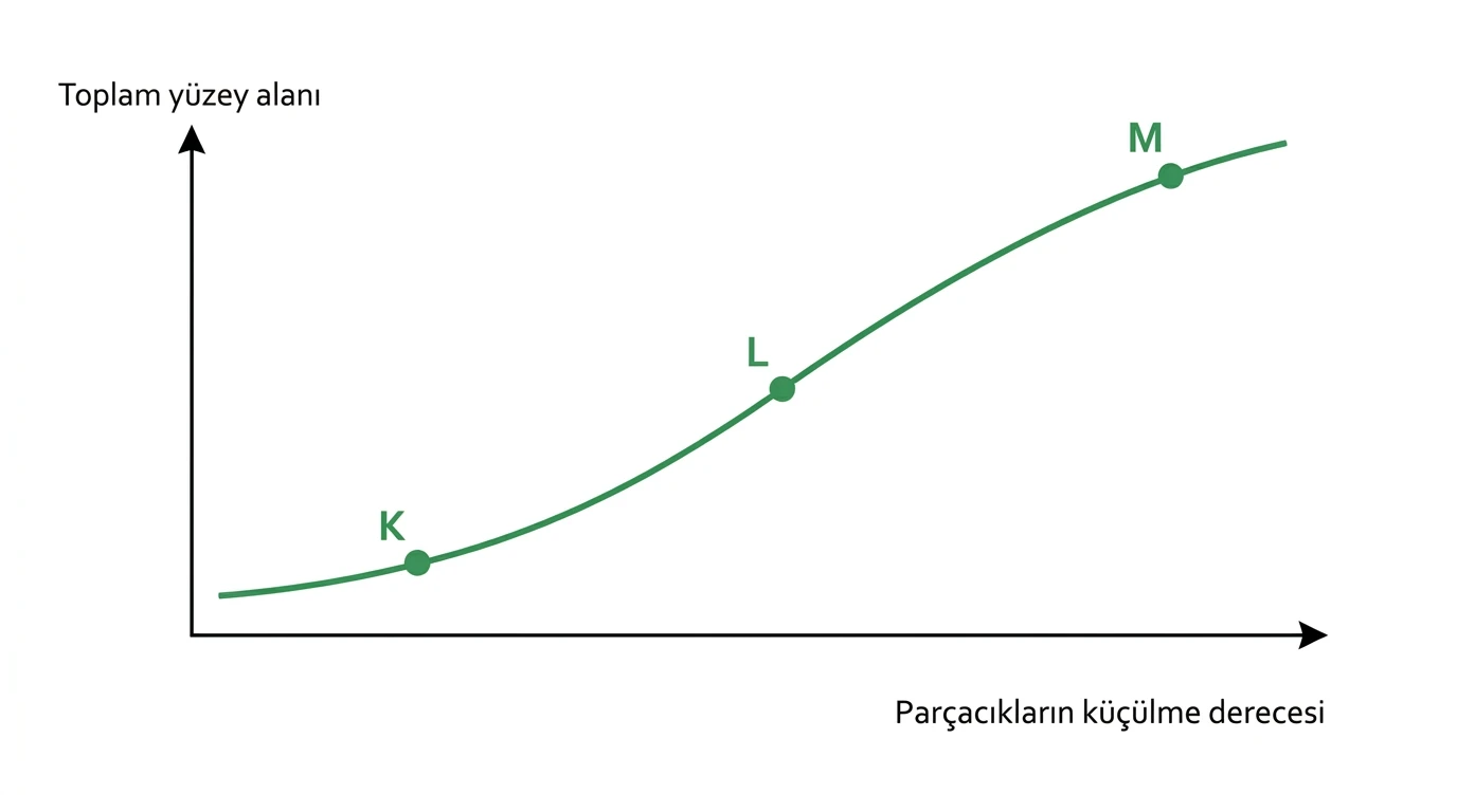 Eşit kütleli besin örneklerinde parçacık küçüldükçe toplam yüzey alanının arttığını gösteren grafik
