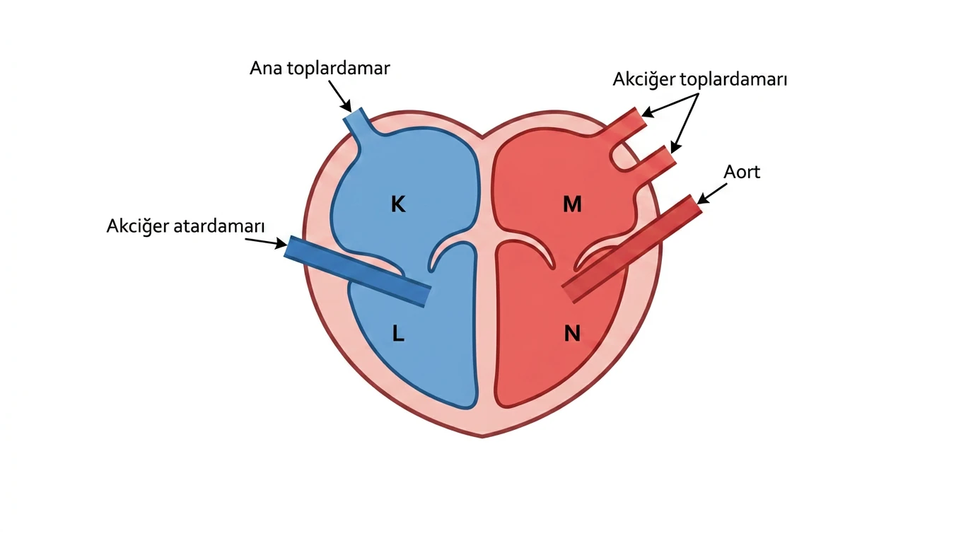 Kalpte K, L, M ve N odacıkları ile dört ana damarı gösteren şema
