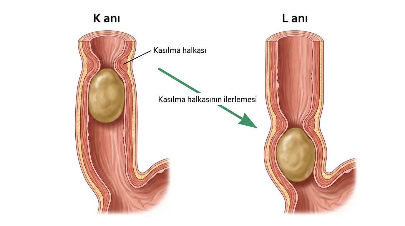 K ve L anlarında lokmanın arkasındaki kasılma halkasının aşağı doğru ilerlediği yemek borusu