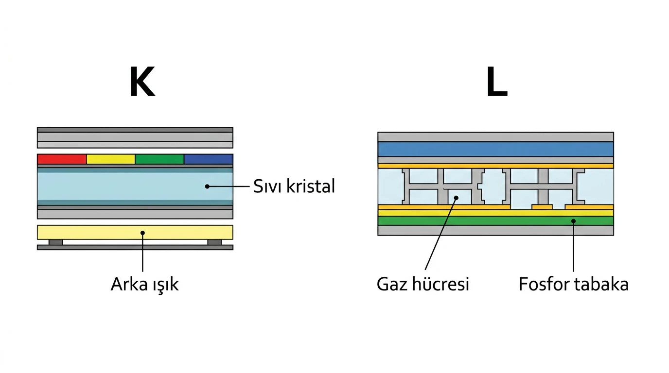 K ve L ekran düzeneklerinde arka ışık sıvı kristal gaz hücresi ve fosfor tabaka