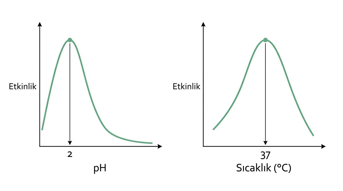 Pepsinin pH 2 civarında ve 37 derece dolayında en yüksek etkinliği gösterdiği iki grafik