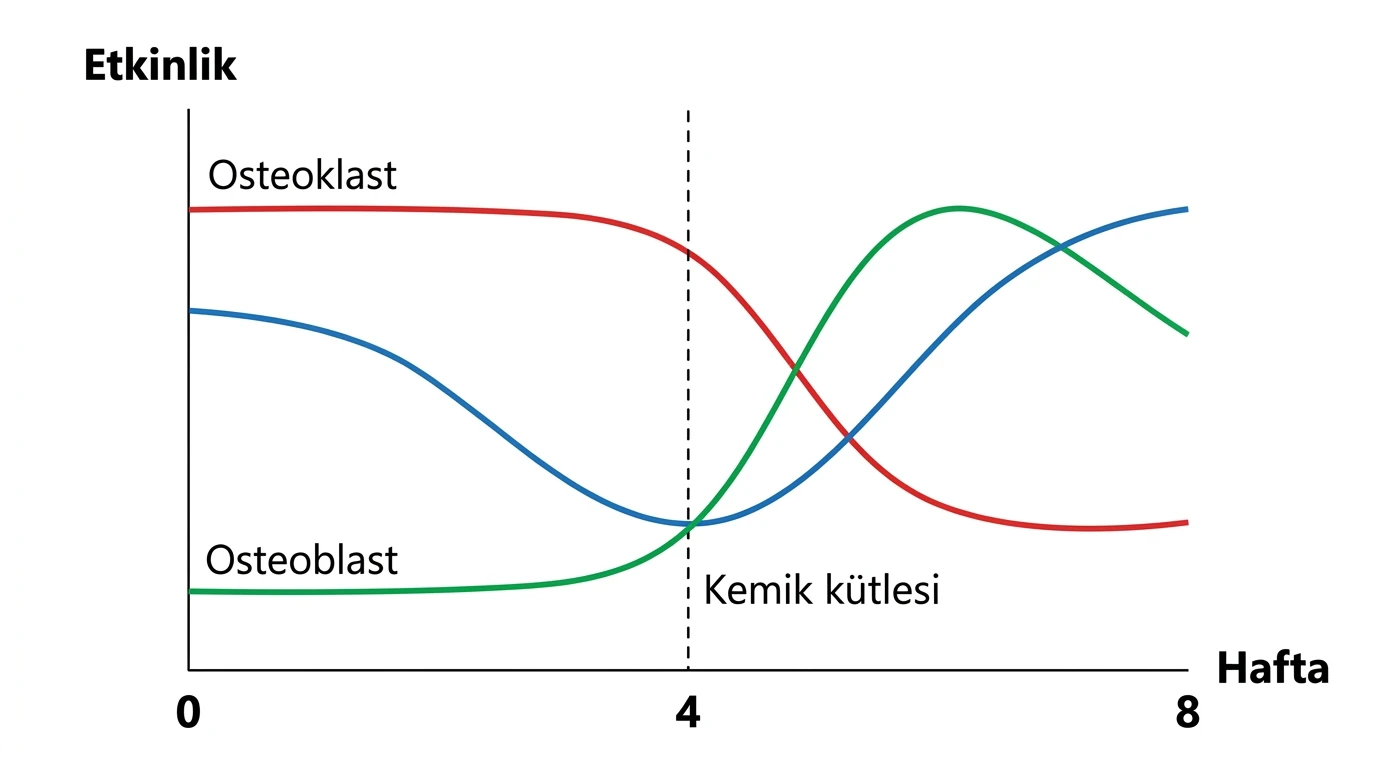 İlk dört haftada osteoklast etkinliği yüksekken kemik kütlesinin azaldığı, sonraki dört haftada osteoblast etkinliği yükselirken kütlenin toparlandığı grafik