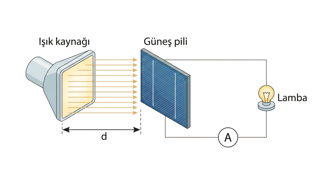 Işık kaynağı güneş paneli ampermetre ve lambadan oluşan deney düzeneği