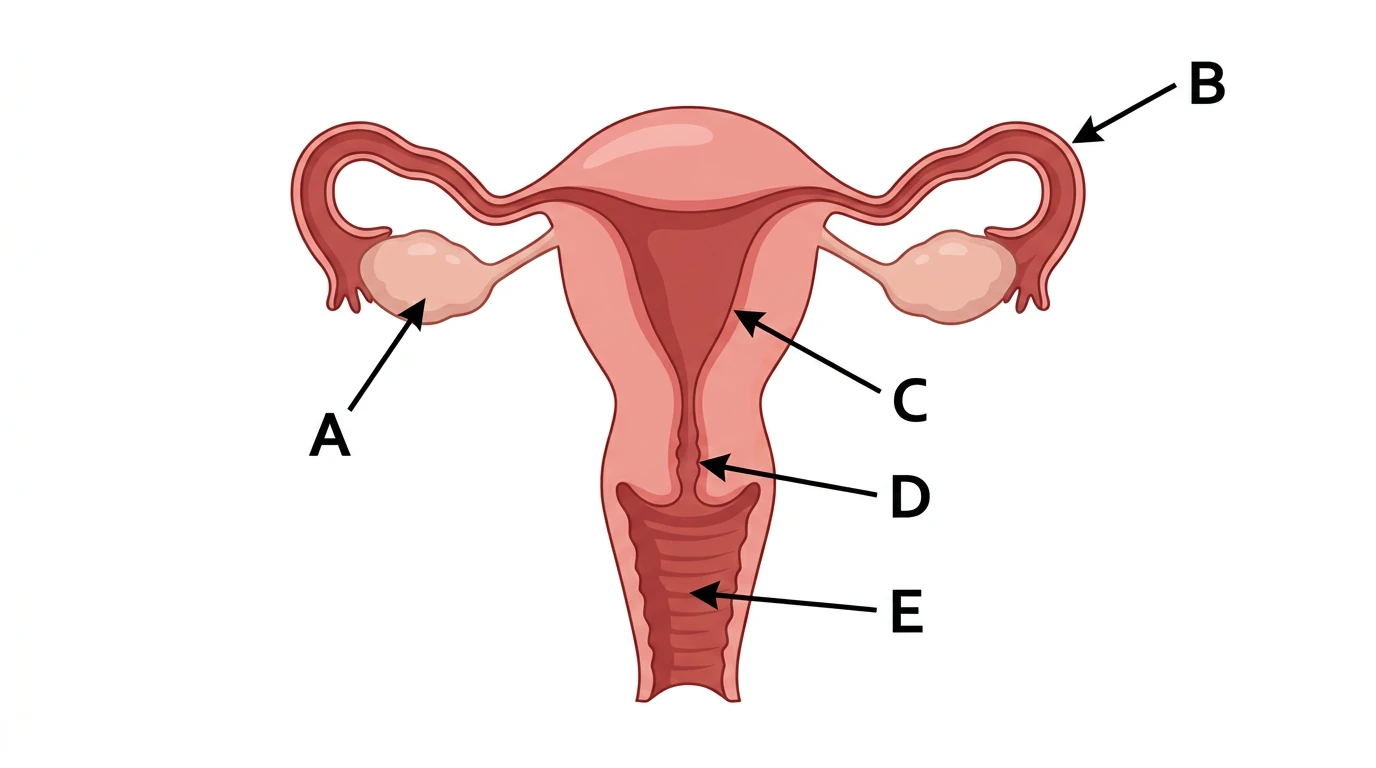 A yumurtalık B yumurta kanalı C endometriyum D serviks E vajina olarak gösterilen dişi üreme sistemi