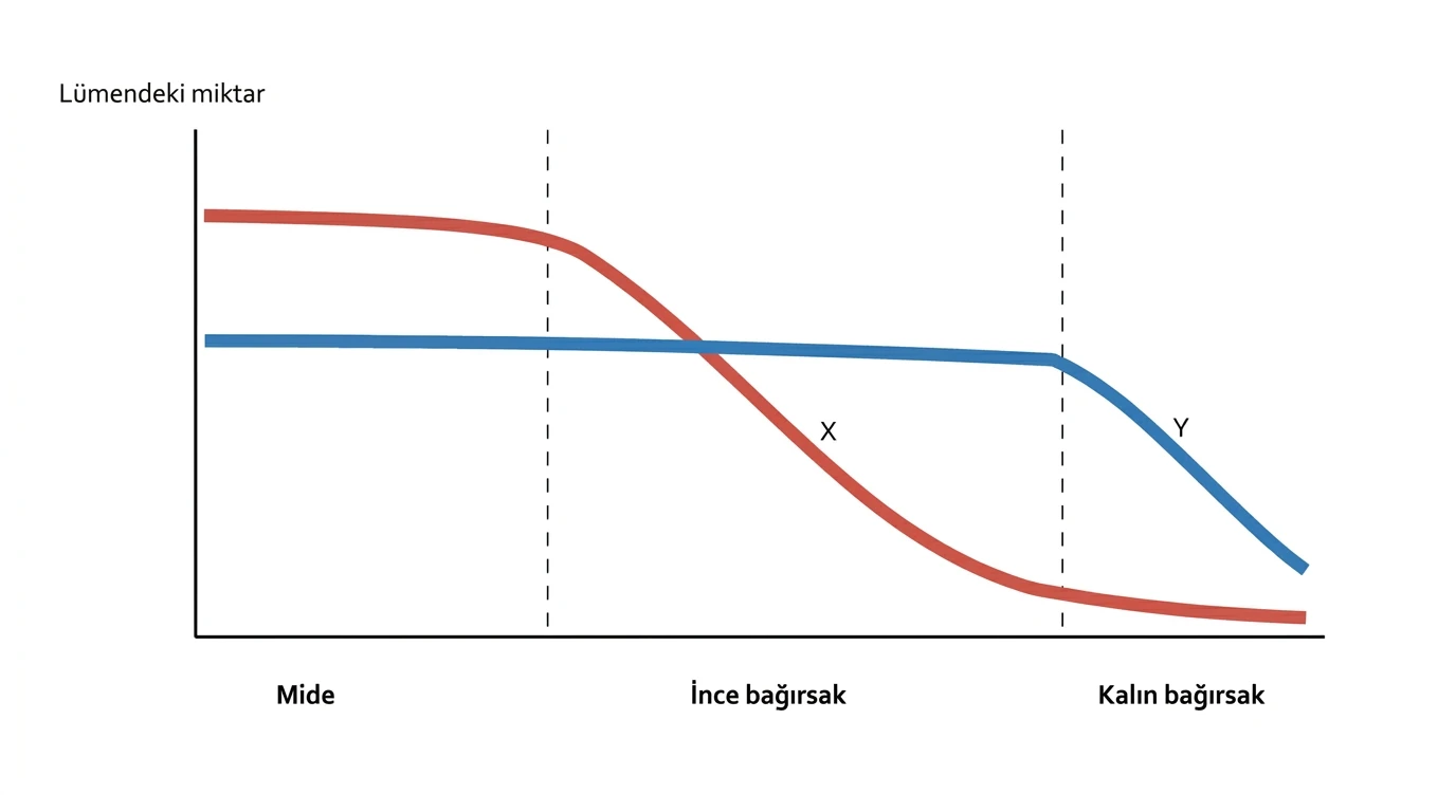 X maddesinin ince bağırsakta, Y maddesinin kalın bağırsakta azaldığını gösteren grafik