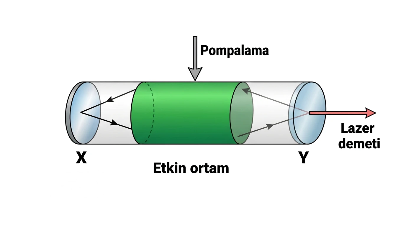 X ve Y aynaları arasında etkin ortam, pompalama ve Y yönündeki lazer çıkışı