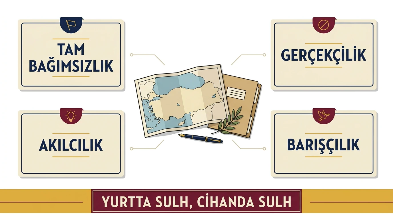 Tam bağımsızlık, gerçekçilik, akılcılık ve barışçılık ilkelerini gösteren Atatürk dönemi dış politika şeması