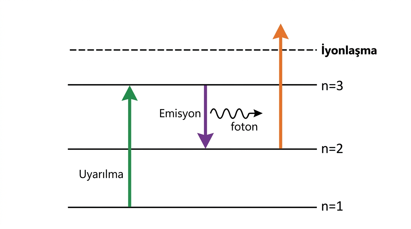 Enerji düzeyleri arasında soğurma, emisyon ve iyonlaşma geçişleri
