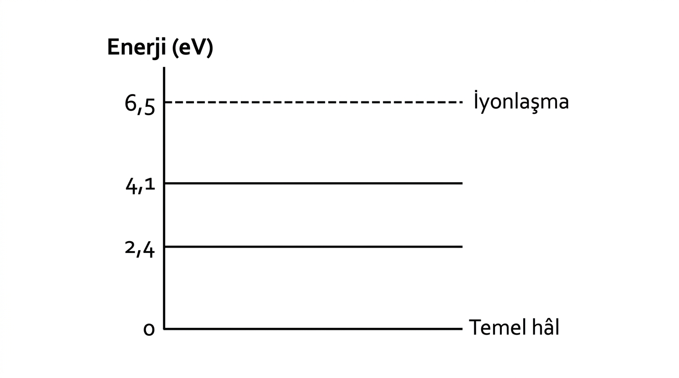 Uyarılma enerjileri 2,4 ve 4,1 elektronvolt olan atomun enerji düzeyleri