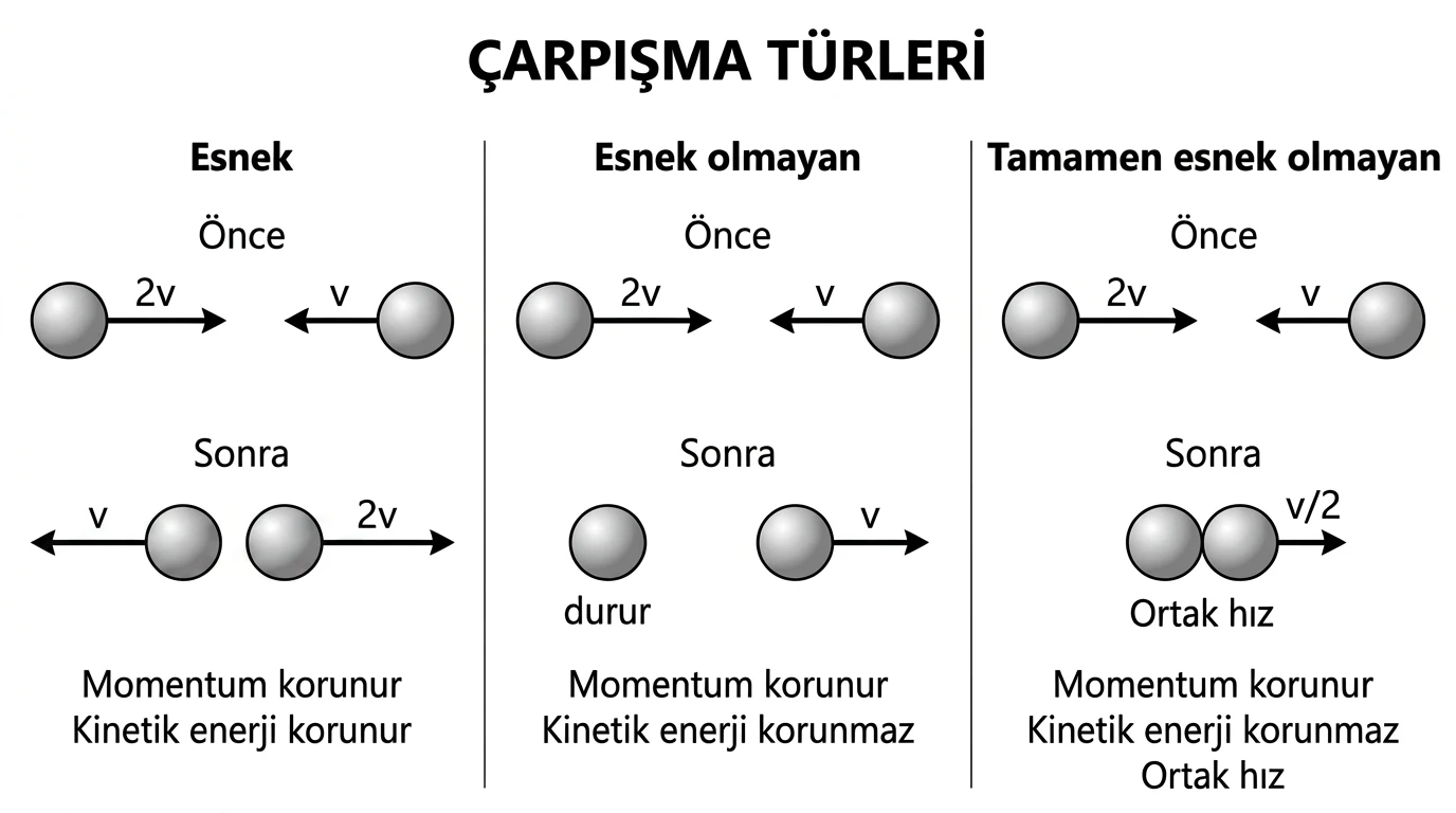 Esnek esnek olmayan ve tamamen esnek olmayan çarpışmalarda momentum ve kinetik enerji korunumu
