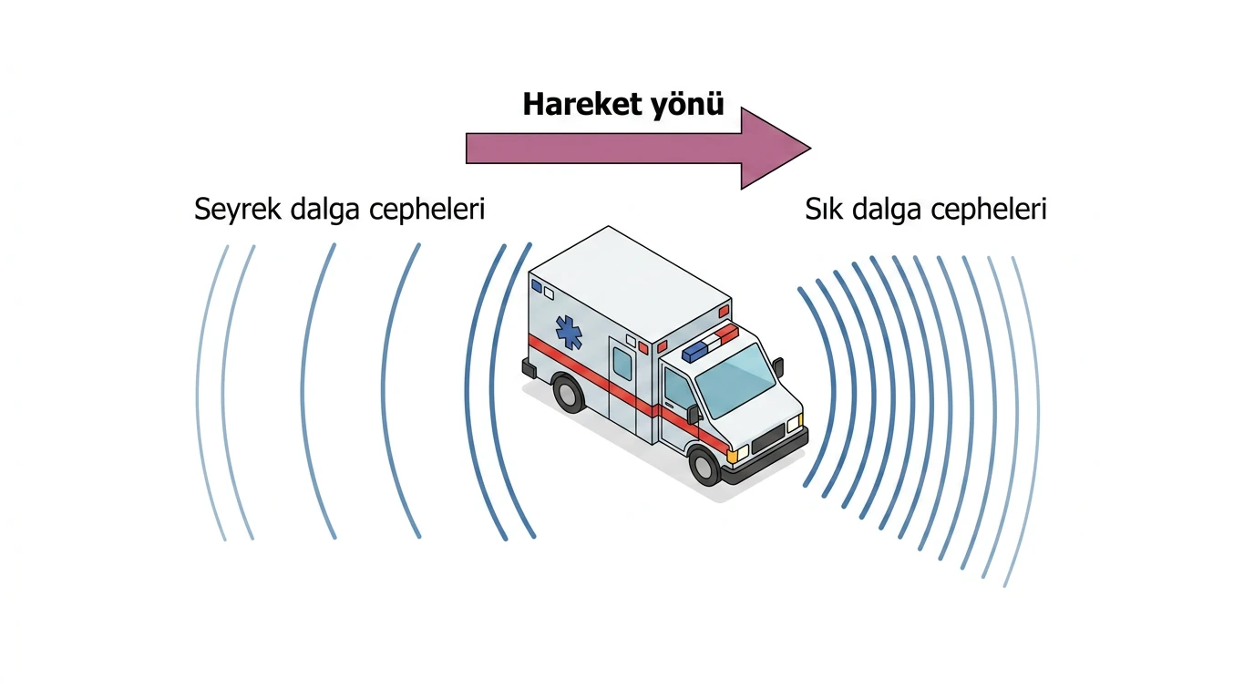 Hareketli ses kaynağının önünde sık, arkasında seyrek dalga cepheleri