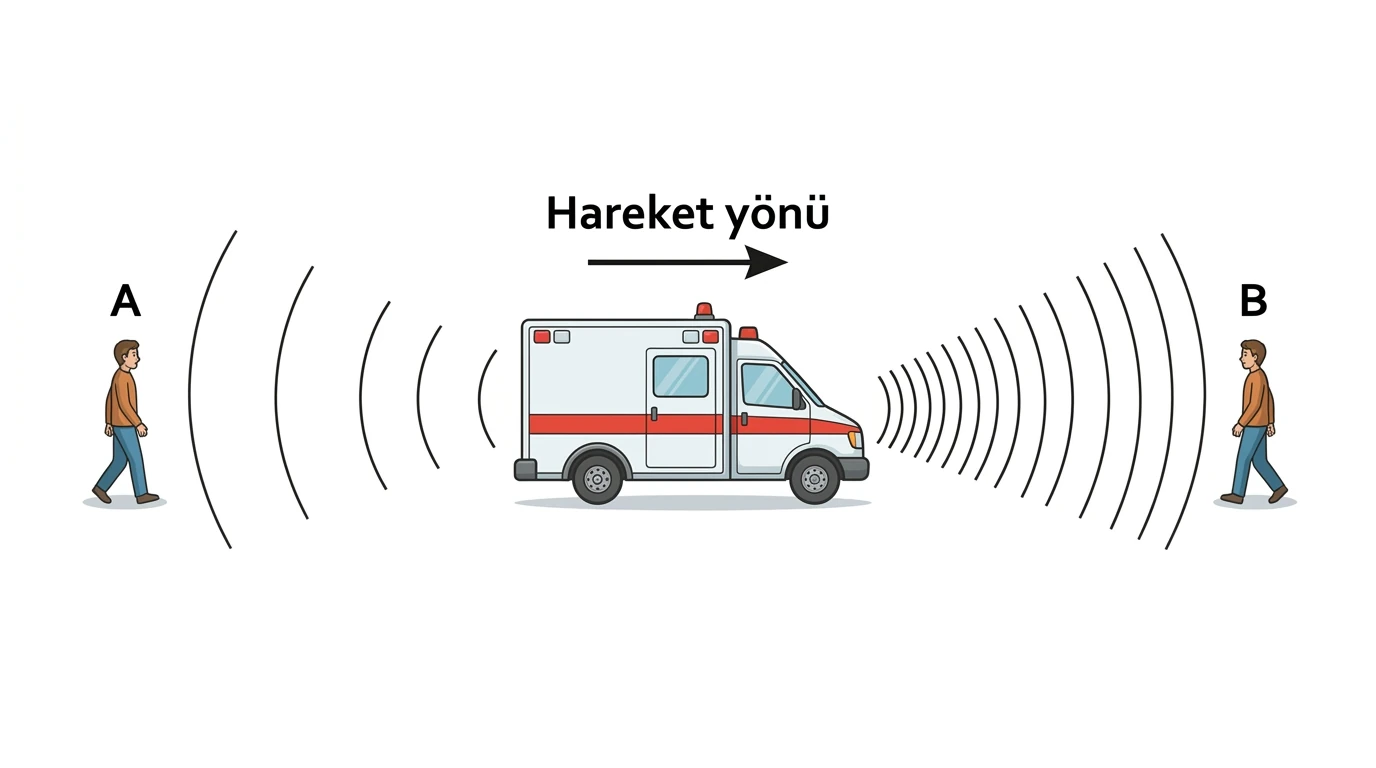 Sağa ilerleyen ambulansın önünde sık ve arkasında seyrek dalga cepheleri