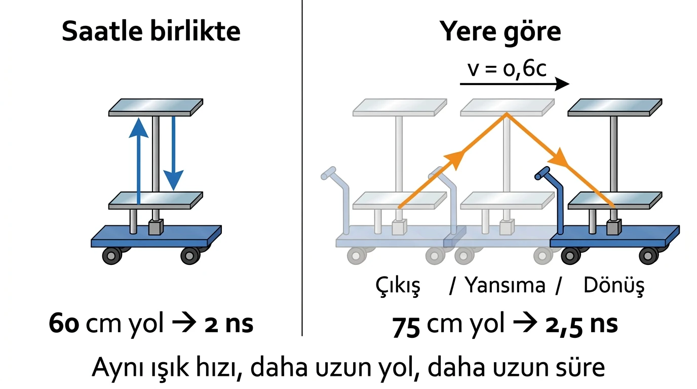 Saatle birlikte ve yere göre ışığın tam gidiş dönüş yolu ile süre karşılaştırması
