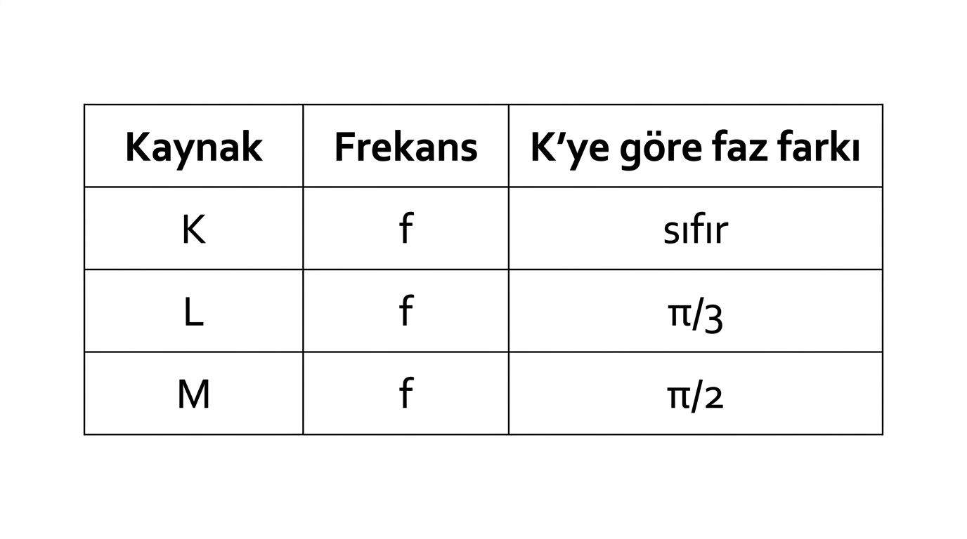 K L ve M ışık kaynaklarının frekans ve faz farkı tablosu