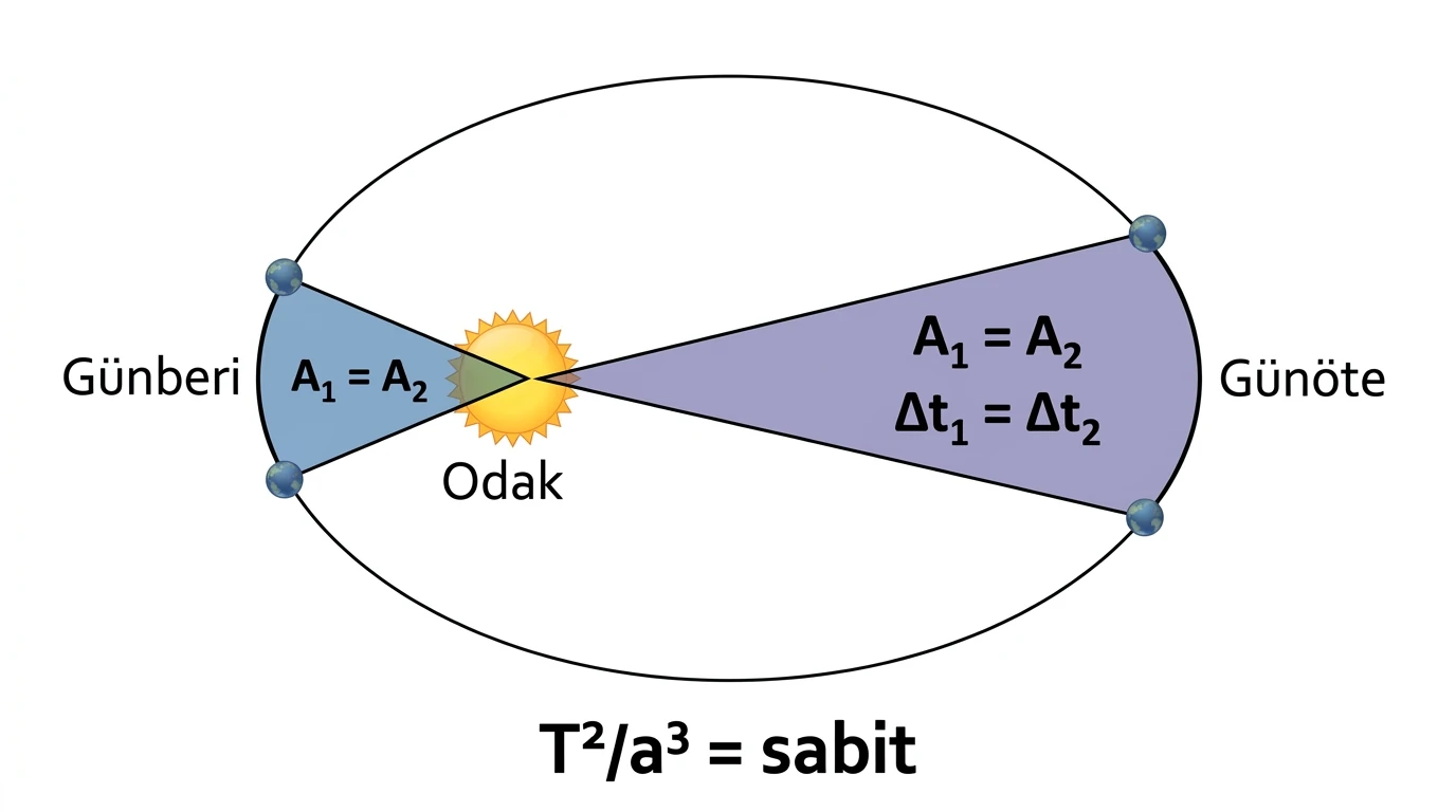 Eliptik yörünge eşit alanlar ve periyotlar kanununu gösteren Kepler diyagramı