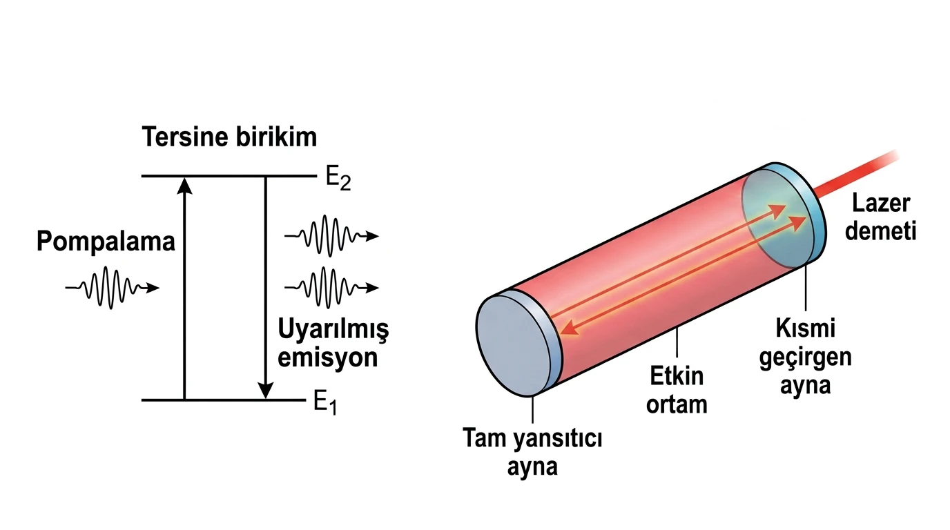 Tersine birikim, pompalama ve uç aynalar arasında optik eksende ilerleyen ışınlarla lazer üretimi