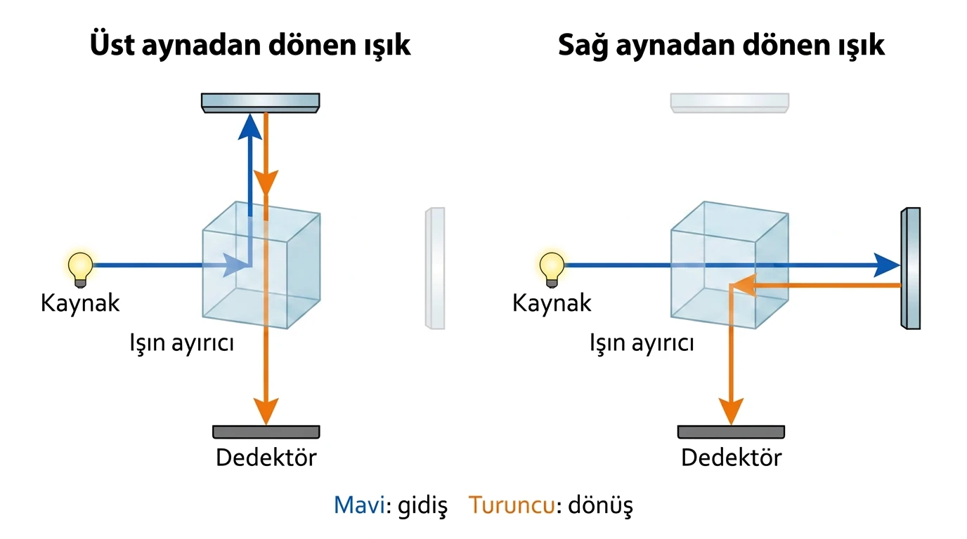 Üst ve sağ aynadan dönen ışığın ayırıcıdan dedektöre ulaşması