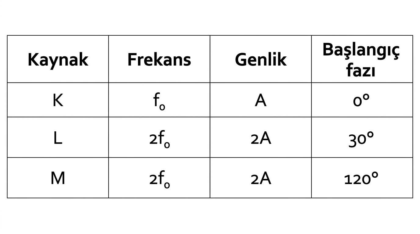 K L M kaynaklarının frekans genlik ve başlangıç fazı tablosu