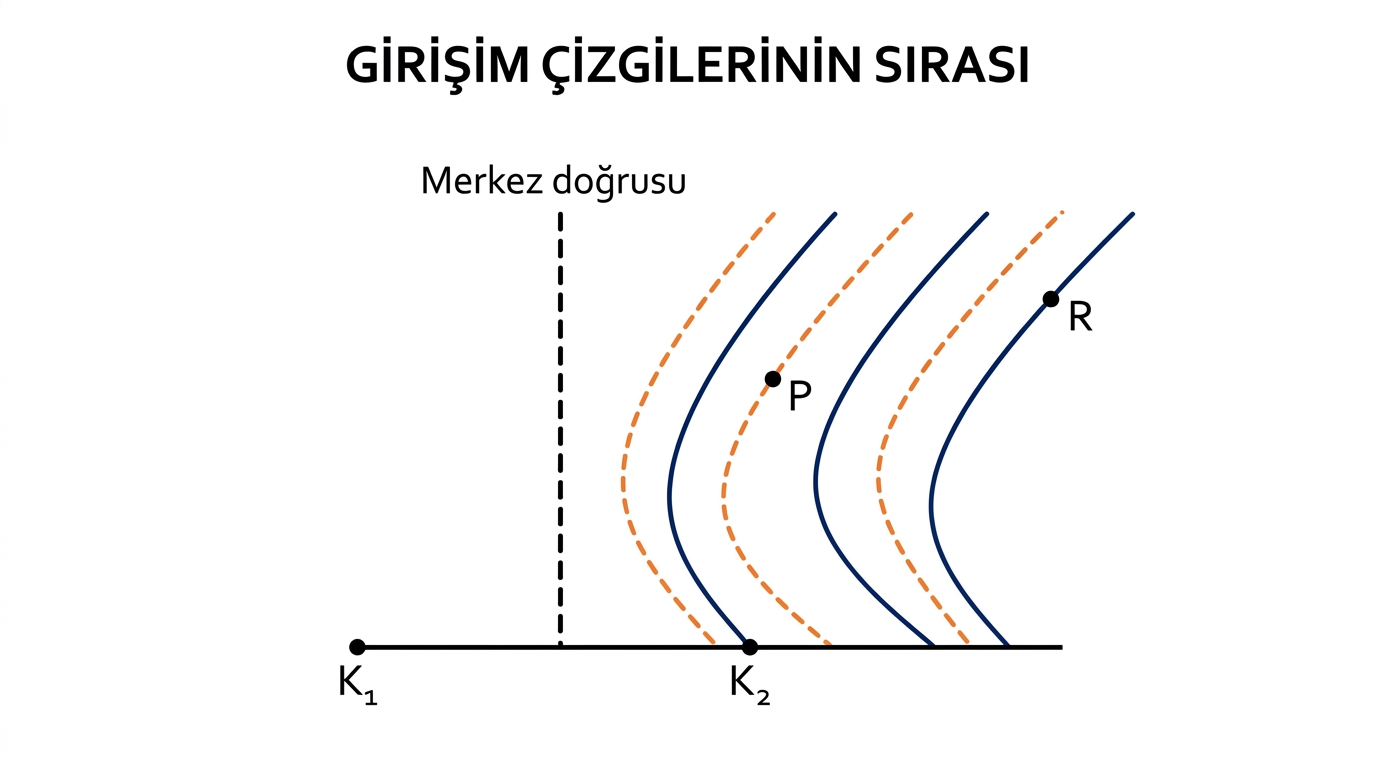 Merkez doğrusunun sağında dönüşümlü hiperbolik düğüm ve katar çizgileri üzerinde P ile R noktaları