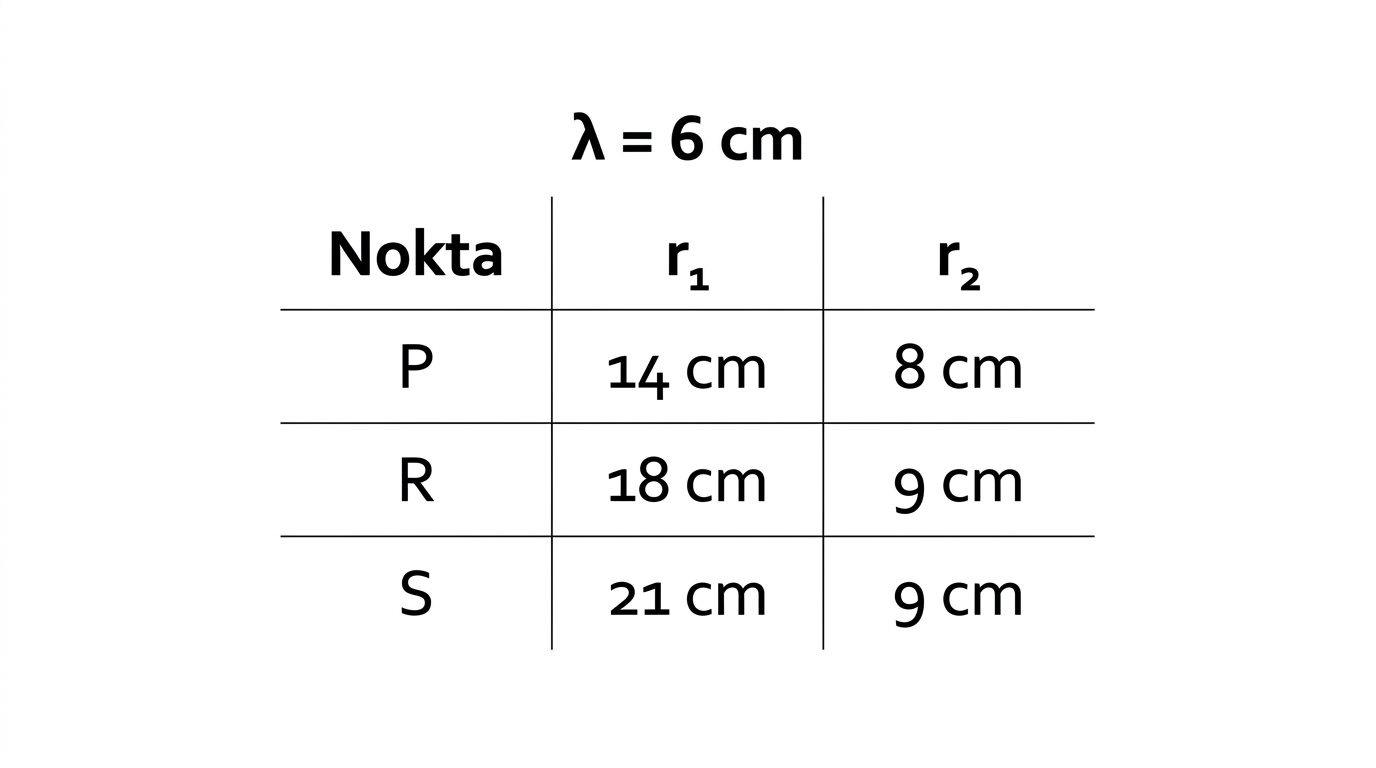 P R S noktalarının iki kaynağa uzaklıklarını gösteren tablo