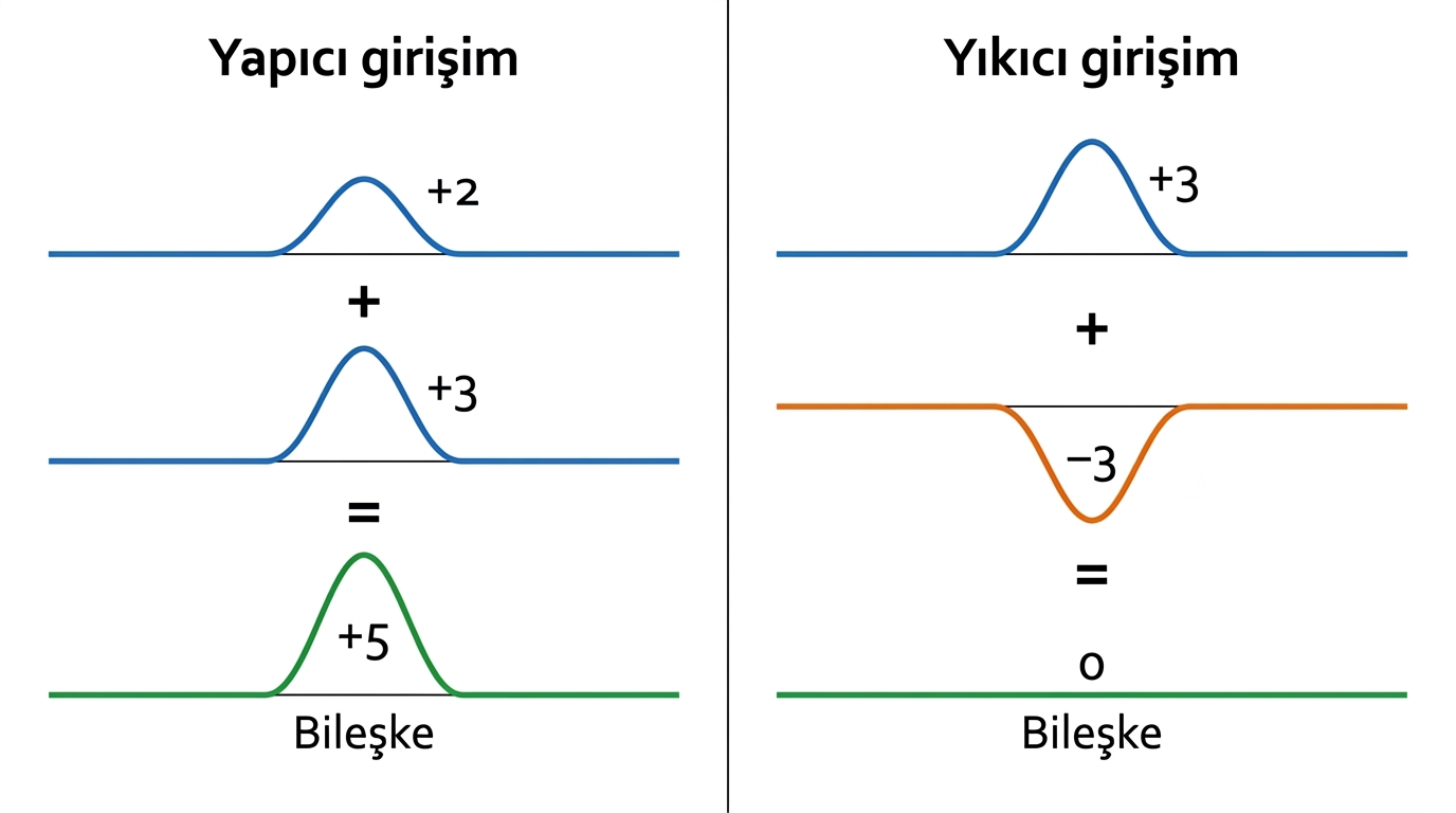 Artı genliklerin yapıcı ve artı ile eksi genliklerin yıkıcı girişim sonucu bileşkeleri