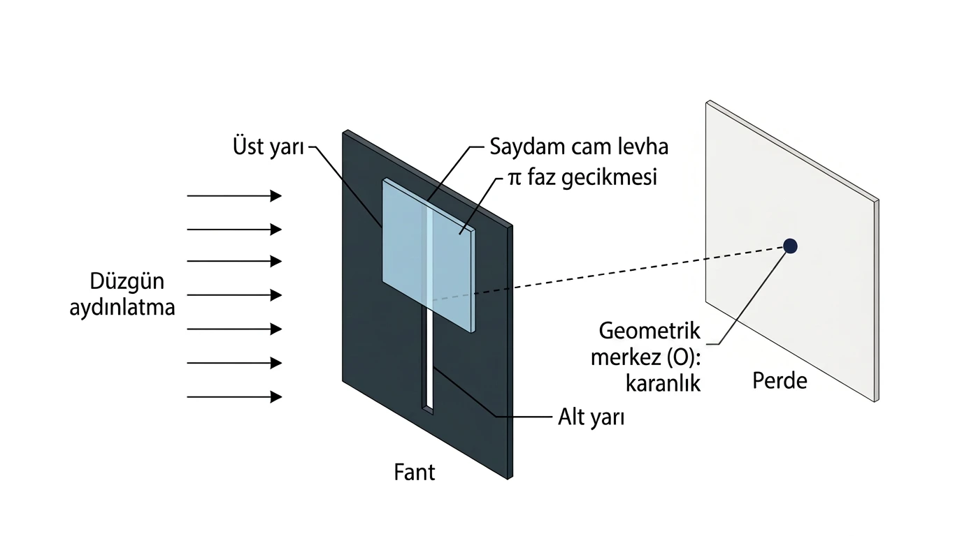 Üst yarısı π faz gecikmeli tek yarıkta geometrik merkez O noktasındaki sönme
