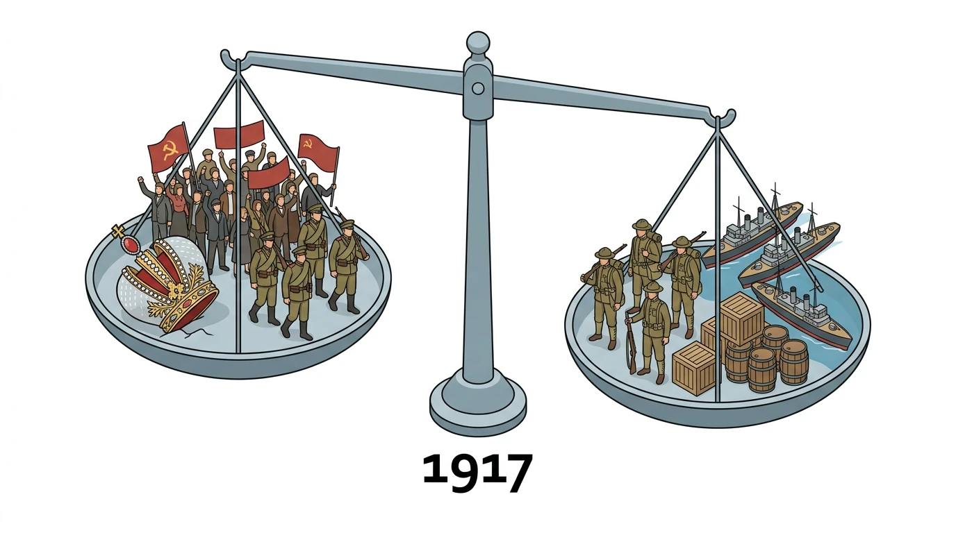 Rusya'nın savaştan çekilişi ile Amerika Birleşik Devletleri'nin savaşa girişini karşılaştıran 1917 denge görseli