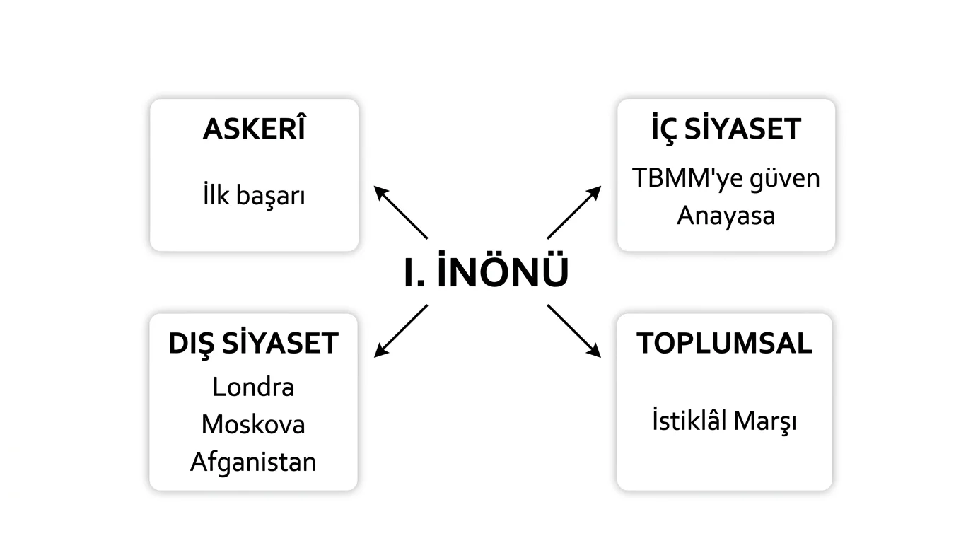 I. İnönü Zaferi'nin ilk askerî başarı, TBMM'ye güven ve anayasa, Londra-Moskova-Afganistan dış ilişkileri ile İstiklâl Marşı sonuçları