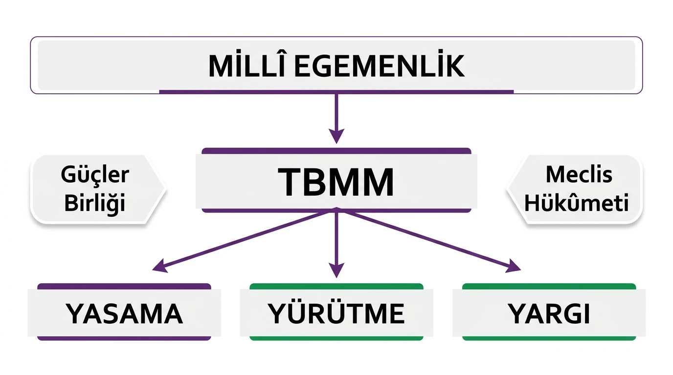 Millî egemenlikten TBMM'ye ve yasama, yürütme, yargı yetkilerine uzanan güçler birliği ile meclis hükûmeti yapısı