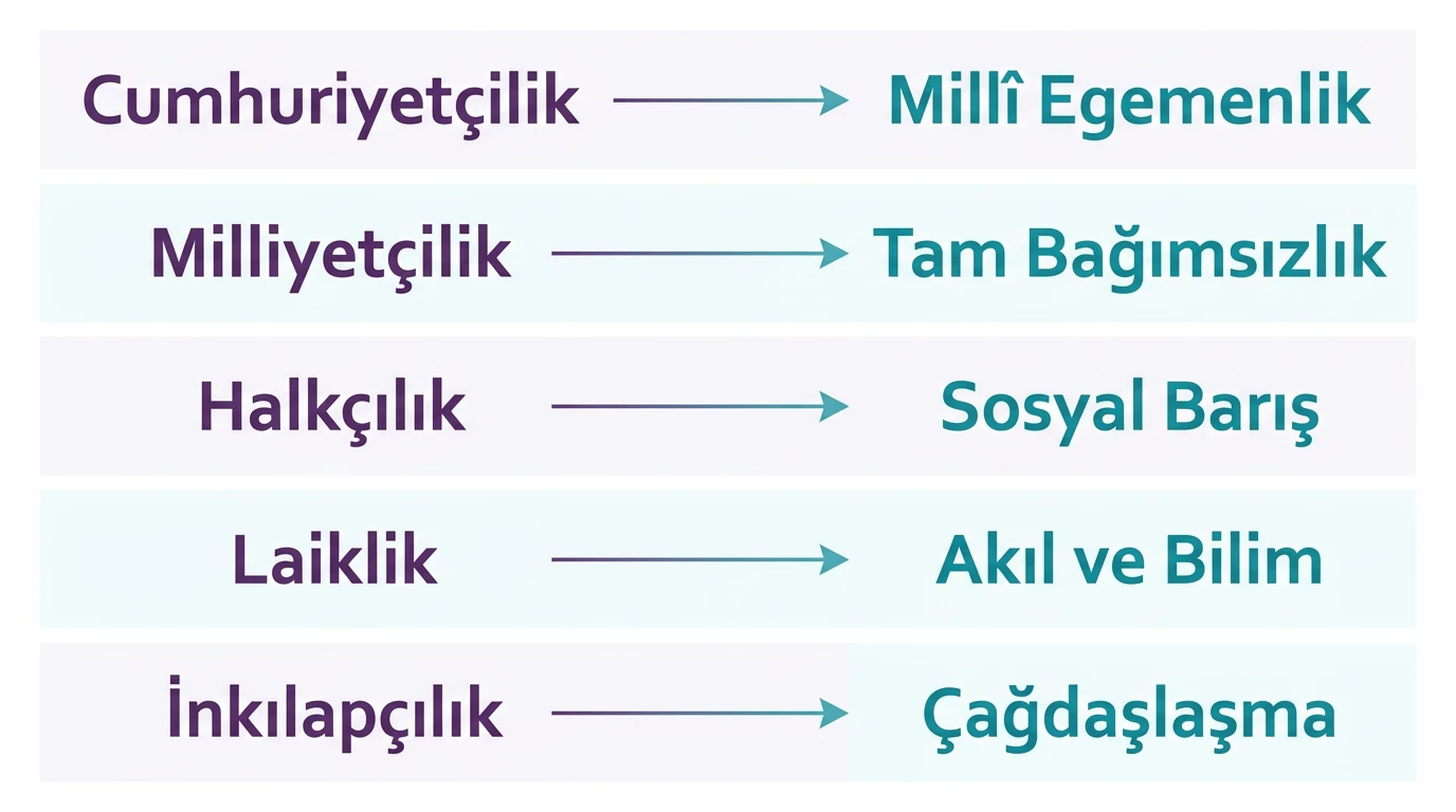 Temel Atatürk ilkeleriyle millî egemenlik, tam bağımsızlık, akıl ve bilim, sosyal barış ve çağdaşlaşma eşleştirmesi