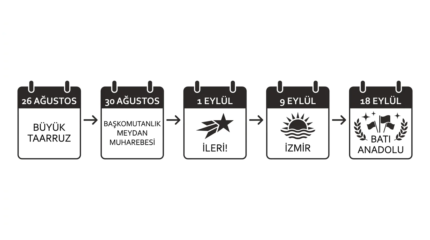 26 Ağustos Büyük Taarruz, 30 Ağustos Başkomutanlık Meydan Muharebesi, 1 Eylül İleri emri, 9 Eylül İzmir ve 18 Eylül Batı Anadolu kronolojisi