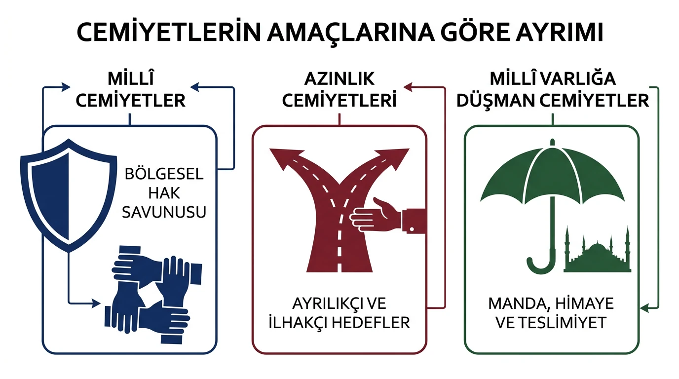 Cemiyetlerin millî, azınlık ve millî varlığa düşman cemiyetler olarak amaçlarına göre ayrılması