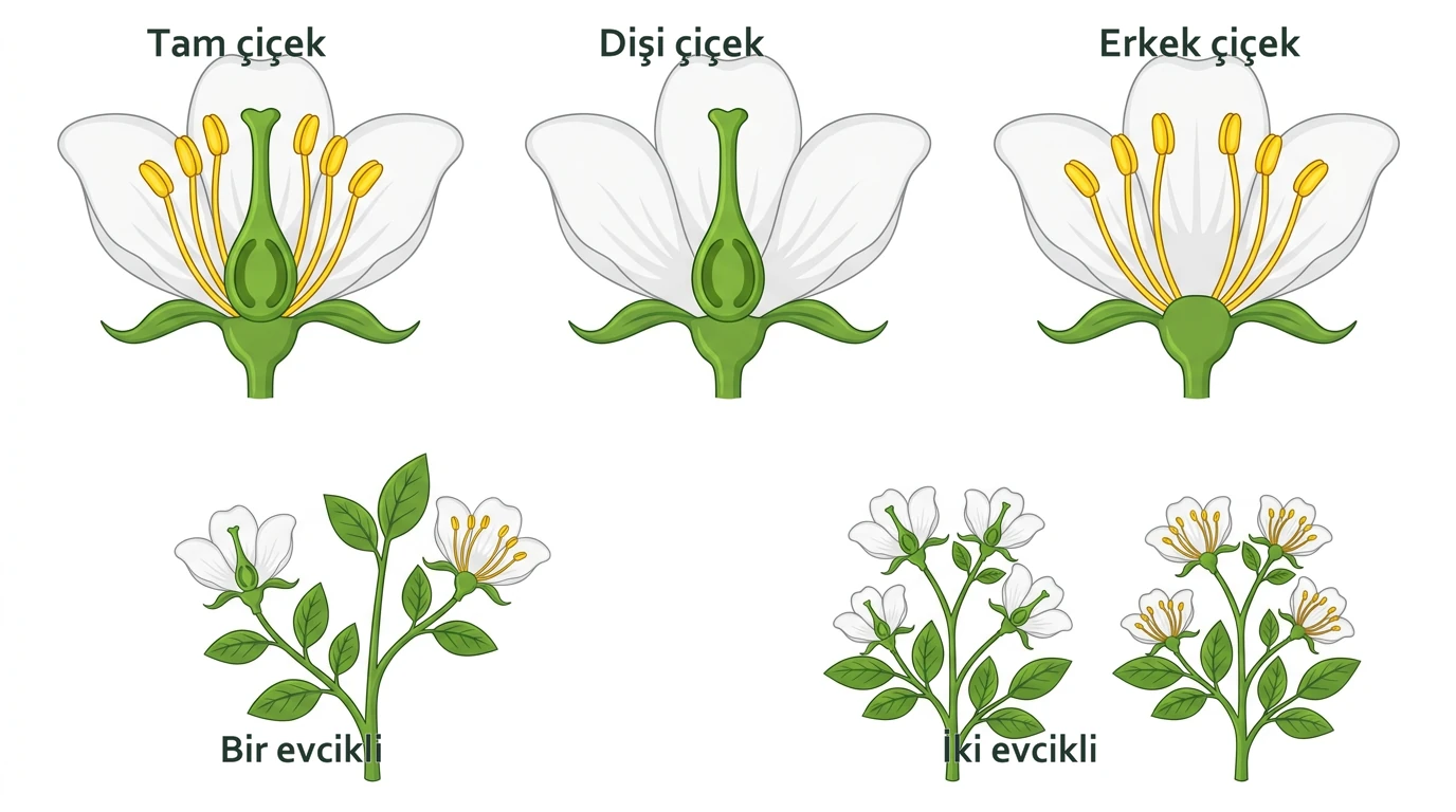 Tam, dişi ve erkek çiçek ile bir evcikli ve iki evcikli bitki karşılaştırması