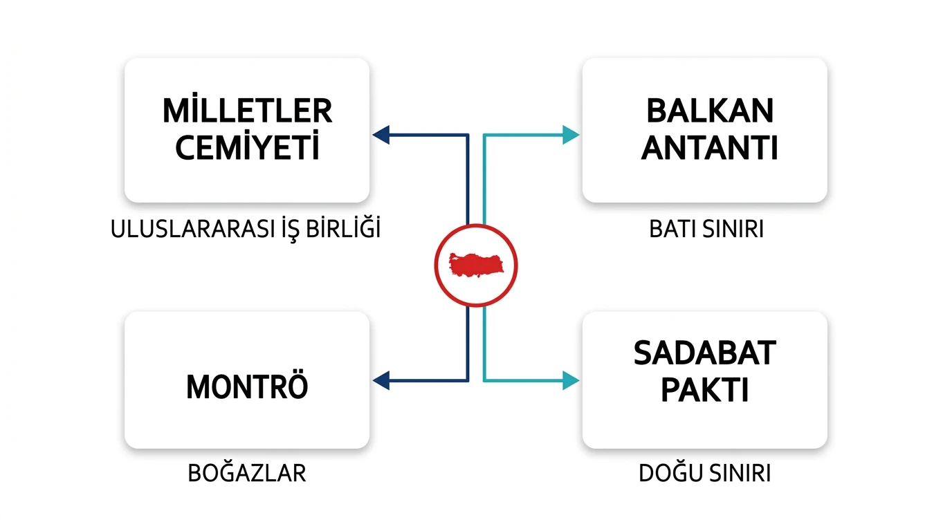 Milletler Cemiyeti, Balkan Antantı, Montrö ve Sadabat Paktının işlevlerini karşılaştıran şema