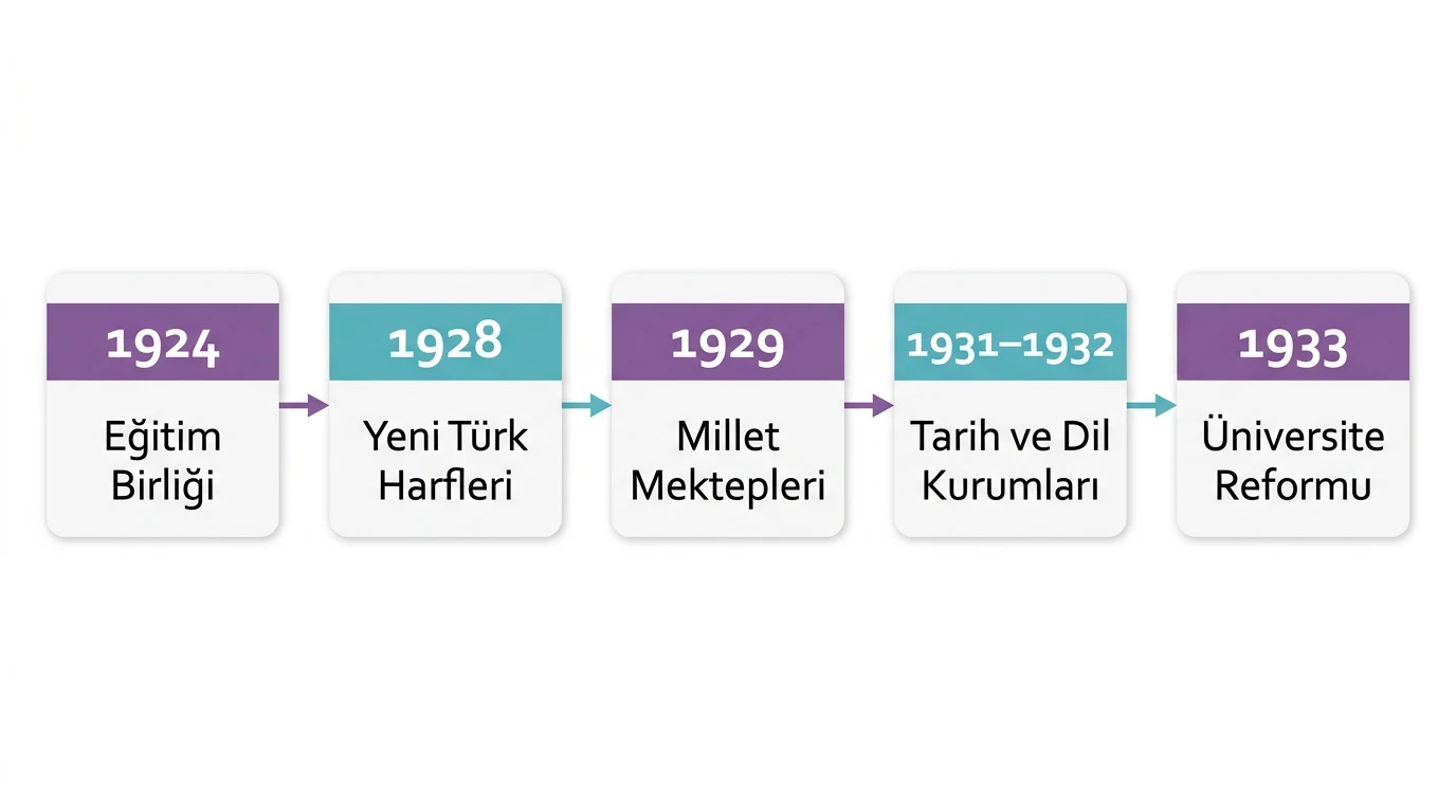 Eğitim birliği, yeni Türk harfleri, Millet Mektepleri, tarih ve dil kurumları ile üniversite reformu zinciri