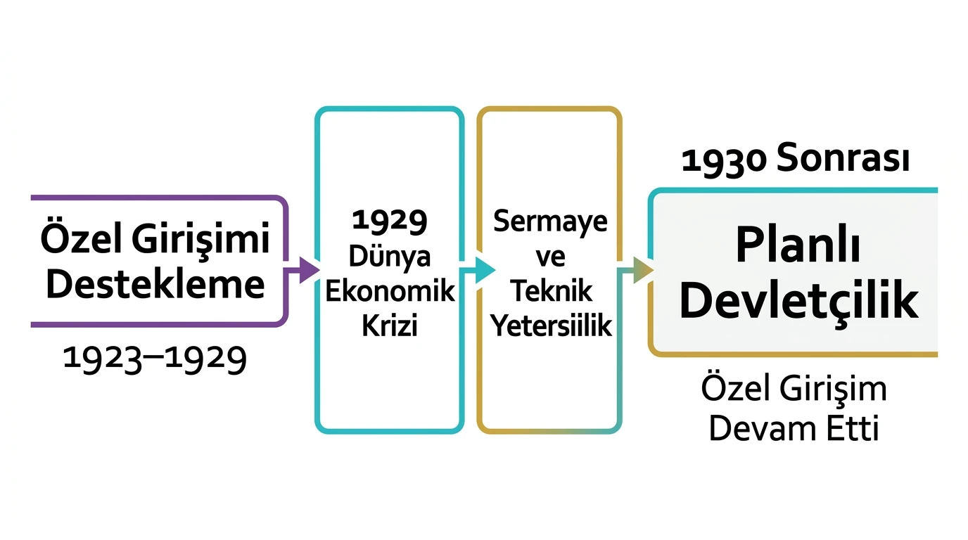 1923-1929 özel girişimi destekleme döneminden 1929 krizi sonrasında planlı devletçiliğe geçiş
