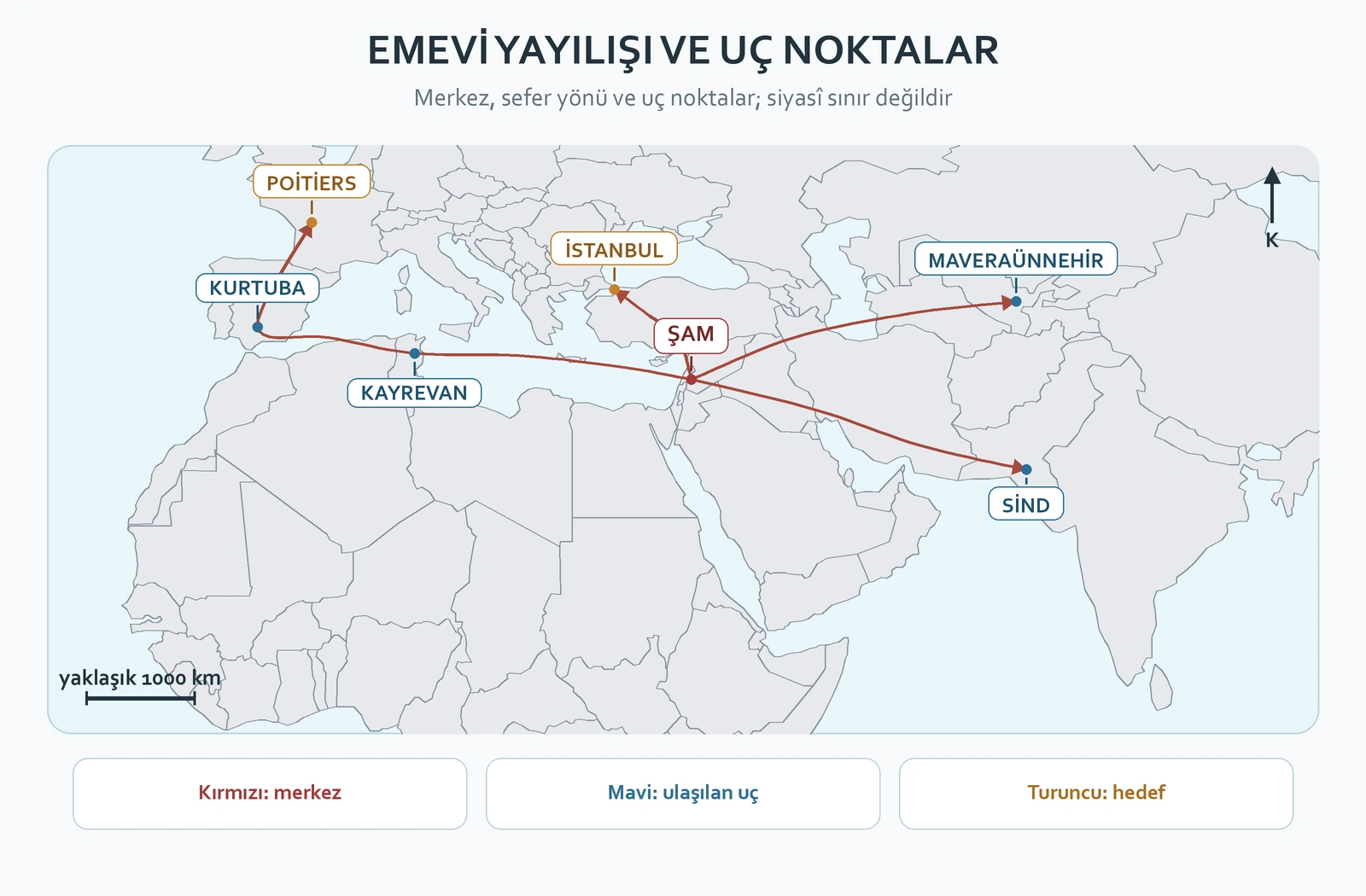 Emevi yayılışının Şam merkezini, ulaşılan uç noktaları ve yaklaşık yönlerini gösteren harita
