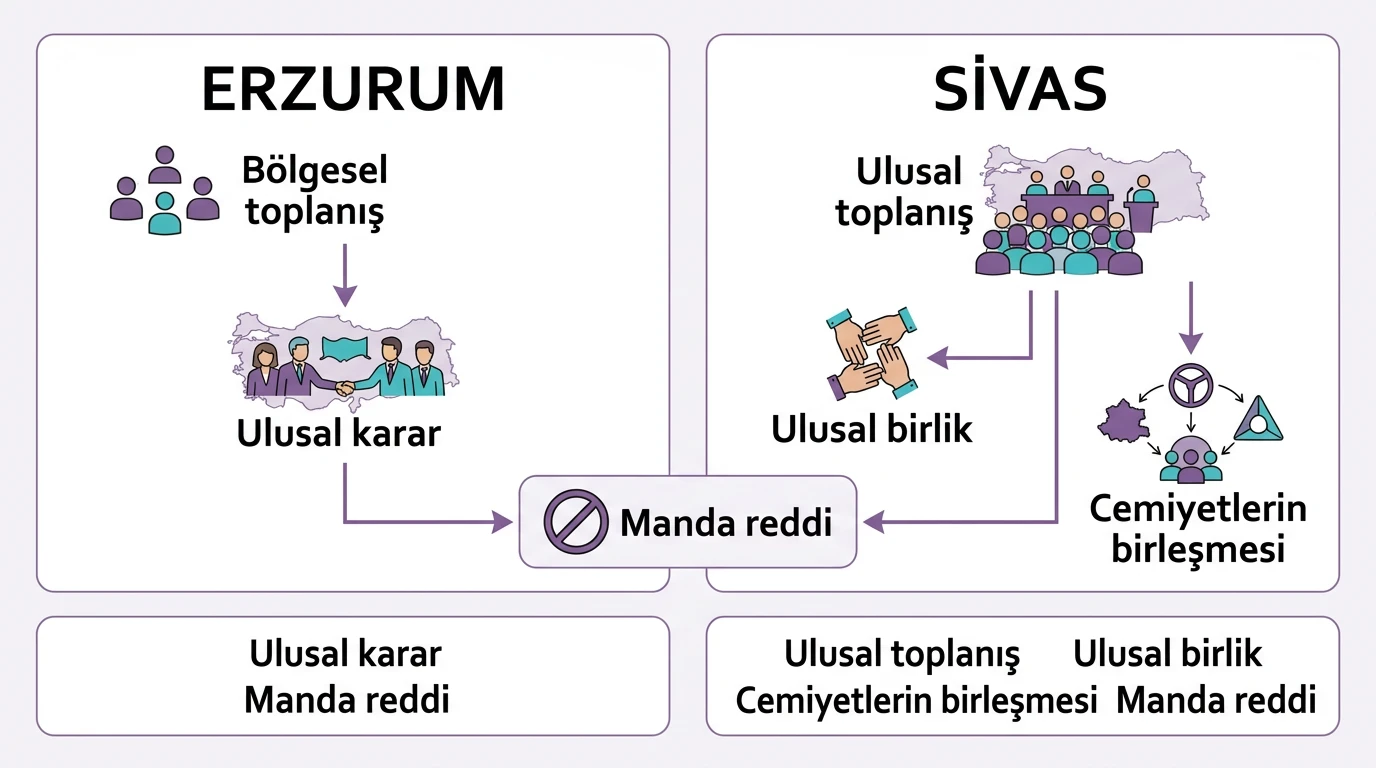 Erzurum Kongresi'nin bölgesel toplanış ve ulusal kararları ile Sivas Kongresi'nin ulusal toplanış, birlik ve cemiyetleri birleştirme sonuçları