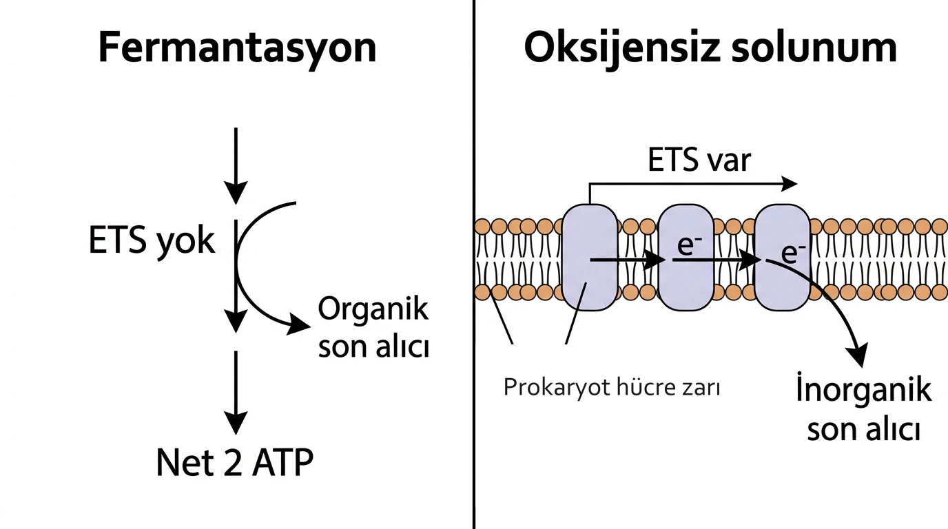 Fermantasyon ile oksijensiz solunumun ETS ve son elektron alıcısı açısından karşılaştırılması