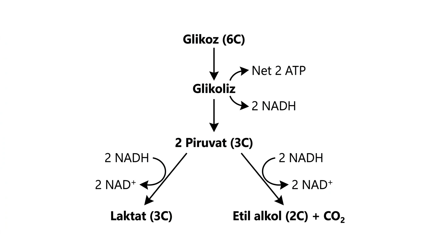 Glikolizden laktat ve etil alkol yollarına ayrılan fermantasyon akışı