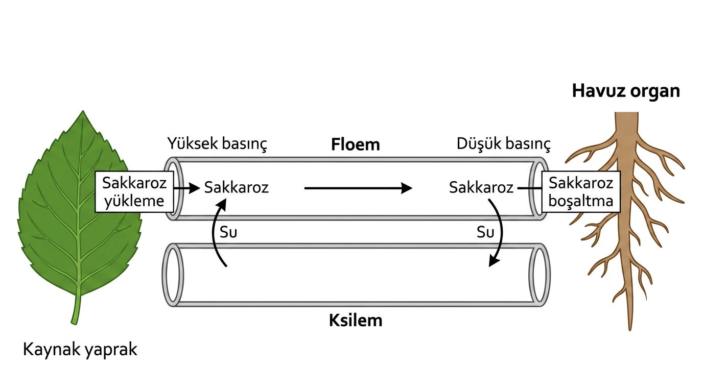 Floemde kaynak yapraktan havuz organa basınç-akış modeli