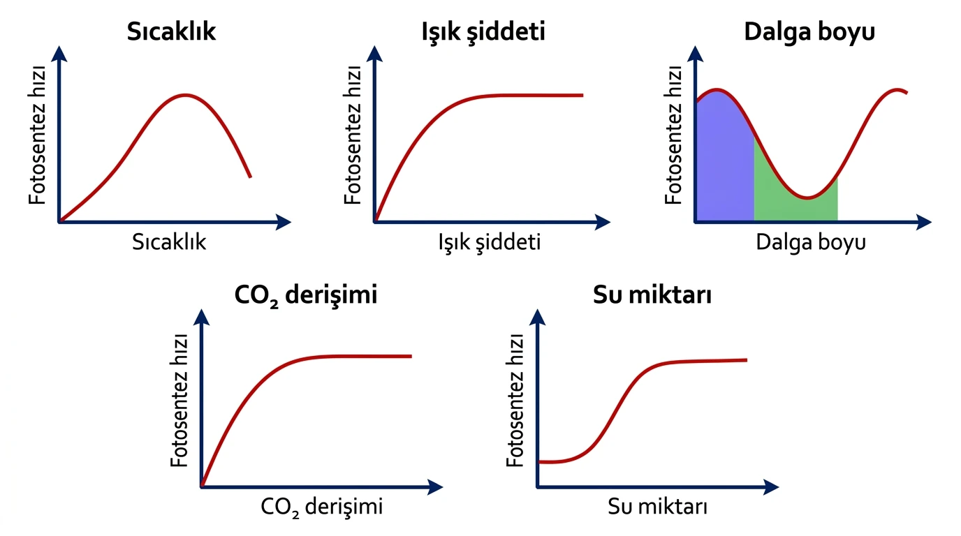 Fotosentez hızına sıcaklık ışık şiddeti dalga boyu karbondioksit ve suyun etkisini gösteren grafikler