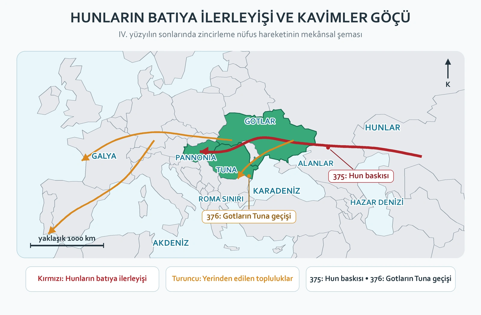 Hunların Hazar kuzeyinden Karadeniz kuzeyi Tuna ve Pannonia yönündeki ilerleyiş haritası