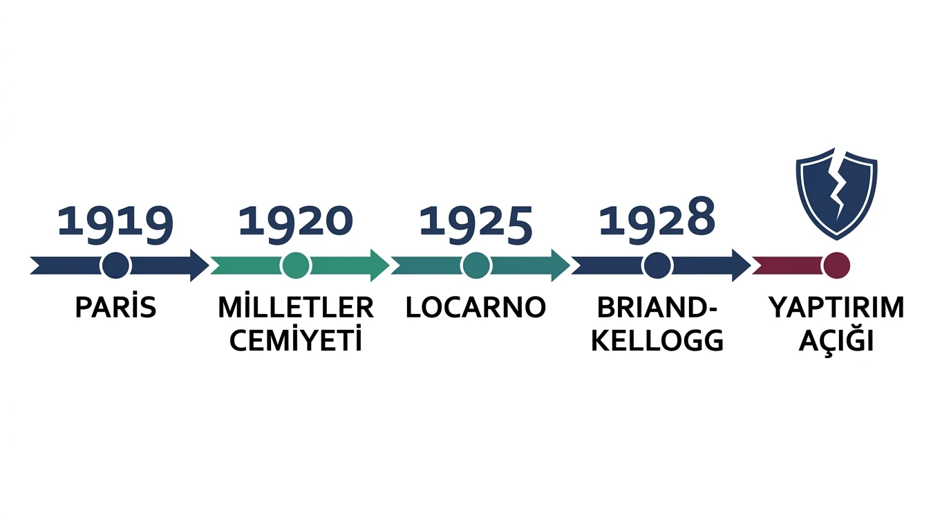 Paris Barış Konferansı, Milletler Cemiyeti, Locarno ve Briand-Kellogg Paktını kronolojik gösteren şema