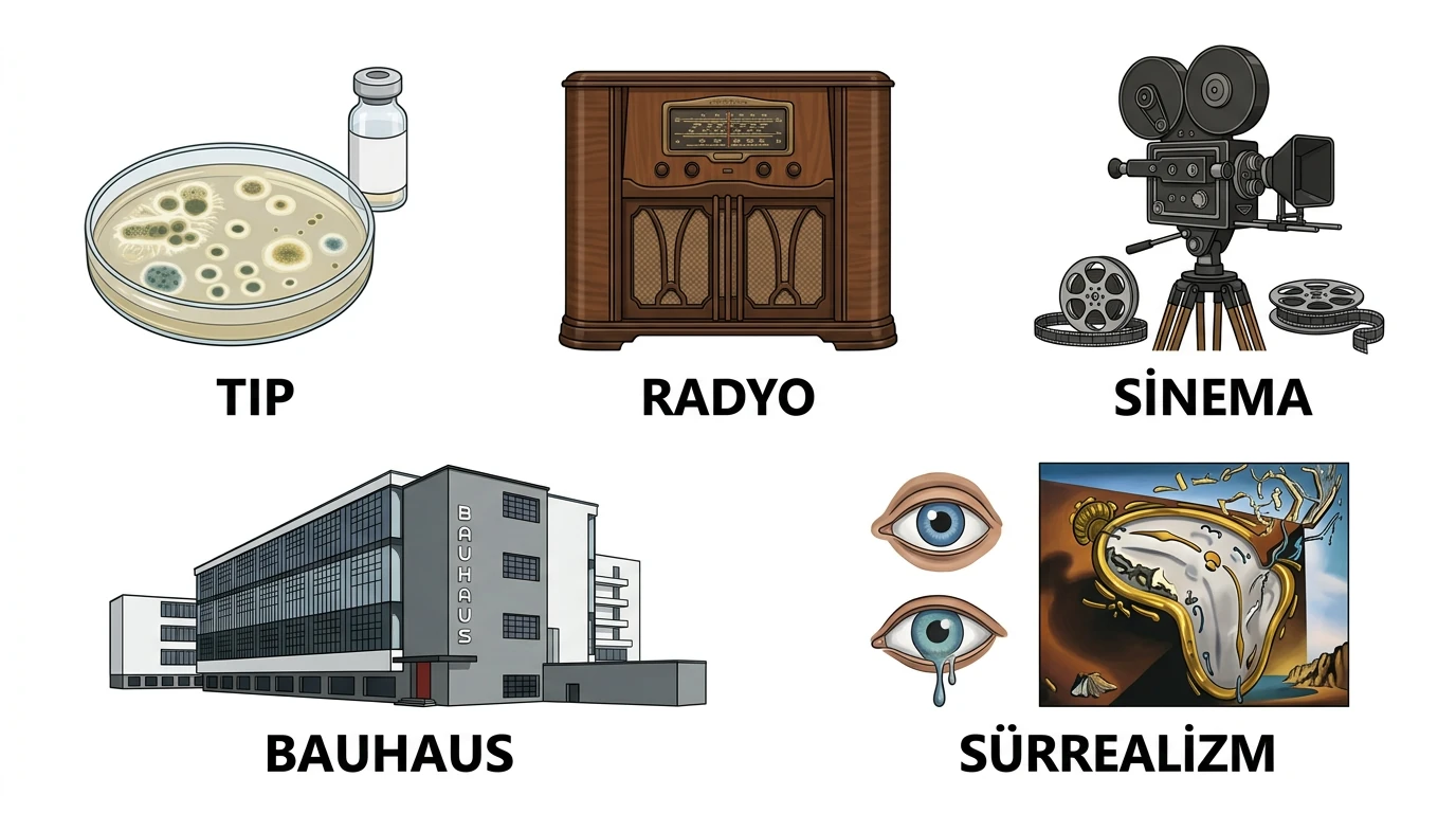 Tıp, radyo, sinema, Bauhaus ve sürrealizm gelişmelerini gösteren eğitim kolajı